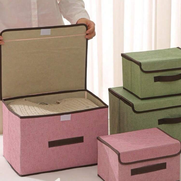 1个可折叠亚麻布CD收纳盒，带盖可折叠收纳篮，玩具收纳篮，洗衣篮（款式随机，尺寸：37x24x24厘米或26x19x16厘米） - 乾枯玫瑰色 - 查看 6