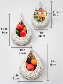 欧式流行编织壁挂式水果网袋，鸟巢，水滴形棉绳编织篮网 - 卡其色 - 查看 2