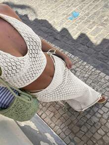 Vivid Style Women's Elegant Vacation, Party, Birthday, Versatile, Hollow Sexy, Fashion, Romantic Tie-Up Beach Knit Maxi Dress Set, Date Outfit, Summer Maxi Dress - Apricot - View 1