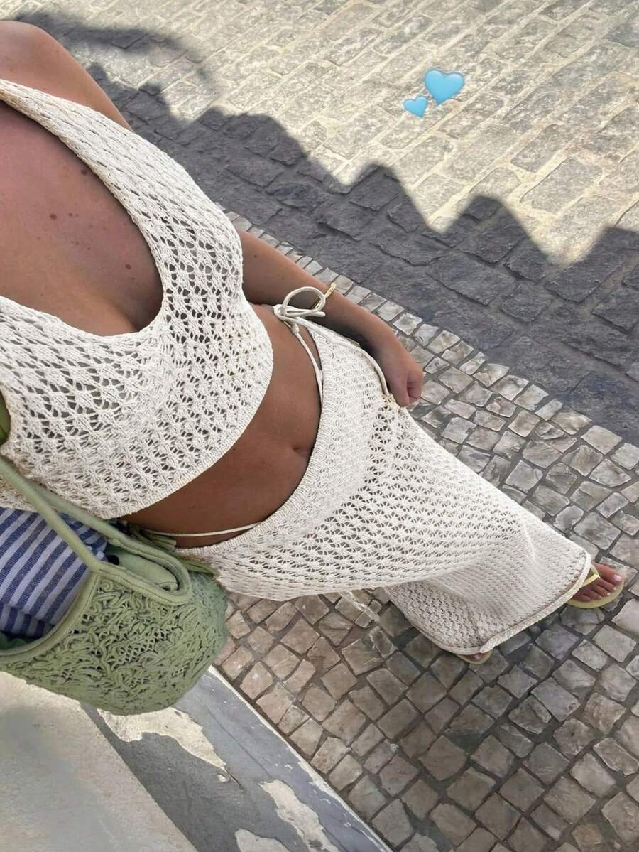 Vivid Style Women's Elegant Vacation, Party, Birthday, Versatile, Hollow Sexy, Fashion, Romantic Tie-Up Beach Knit Maxi Dress Set, Date Outfit, Summer Maxi Dress - Apricot - View 1