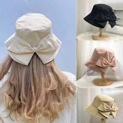 Women's Bow Bucket Hat, Spring/Summer Outdoor Sun-Shading Hat, Double-Sided Solid Color Foldable Sun Protection Hat, Suitable For Daily Wear And Commuting