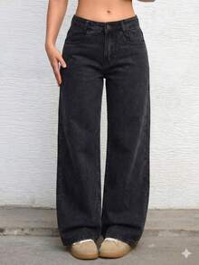 Women's Black Wide Leg Jeans, Loose Fit, Casual Chic Style - Black - View 9