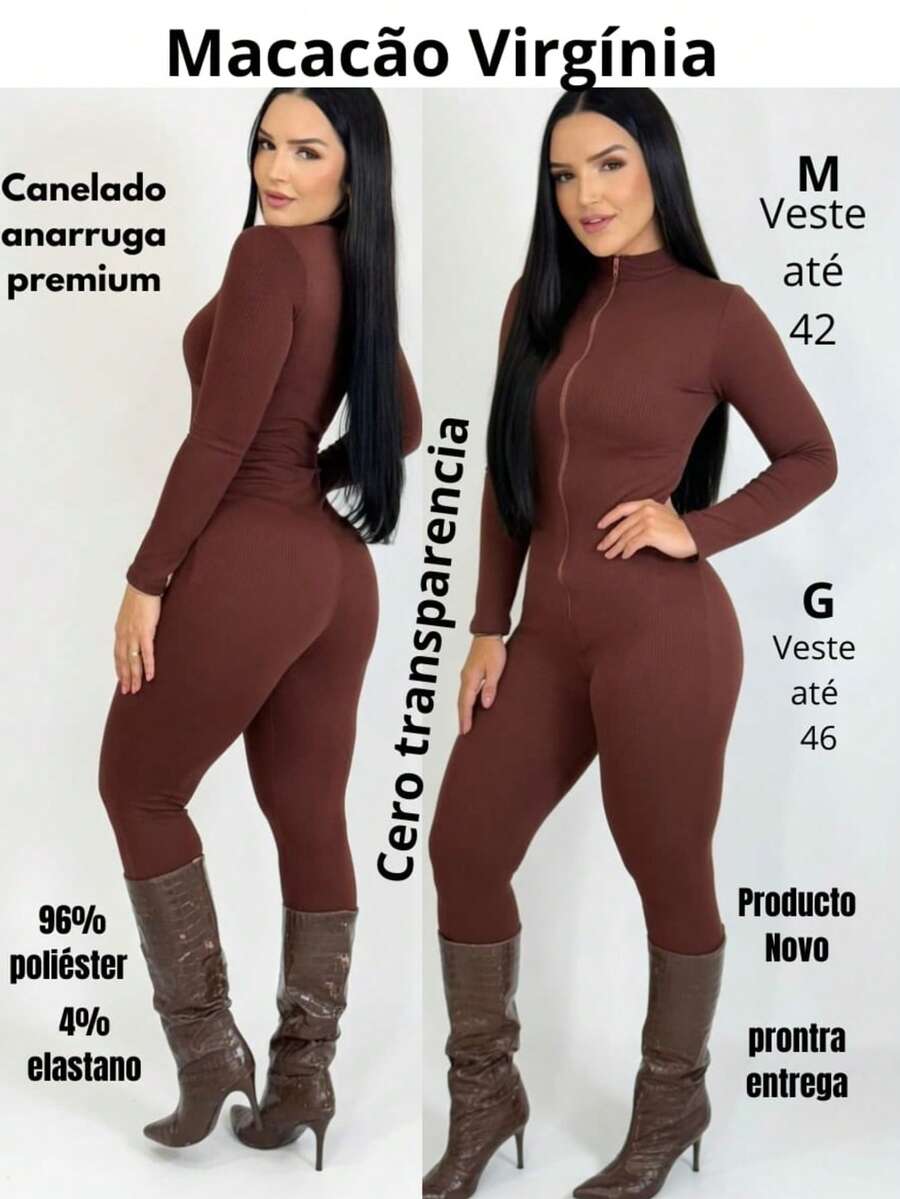 Elegant Women's Virginia Jumpsuit, Seersucker Fabric, With Zipper, Long Sleeves, Suitable For Winter And All Seasons. - 鏽棕色 - 查看 1