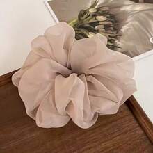 1 pieza Scrunchie de mujer de color blanco crema con volantes esponjosos y bordados, con un elegante y romántico estilo para citas/uso diario - Beis - Ver 7