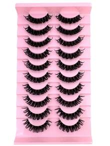 10对卡通貂毛假睫毛，透明带俄罗斯条纹假睫毛，蓬松猫眼假睫毛，卷翘假睫毛，DD卷度浓密假睫毛，自然浓密睫毛嫁接，可重复使用，旅行必备美妆单品 - 黑色 - 查看 2