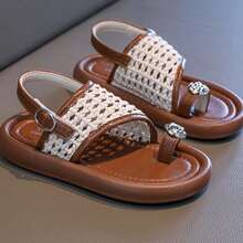 1双银色人字带女童休闲漂亮平底凉鞋，白色防滑沙滩鞋 - 米色 - 查看 3