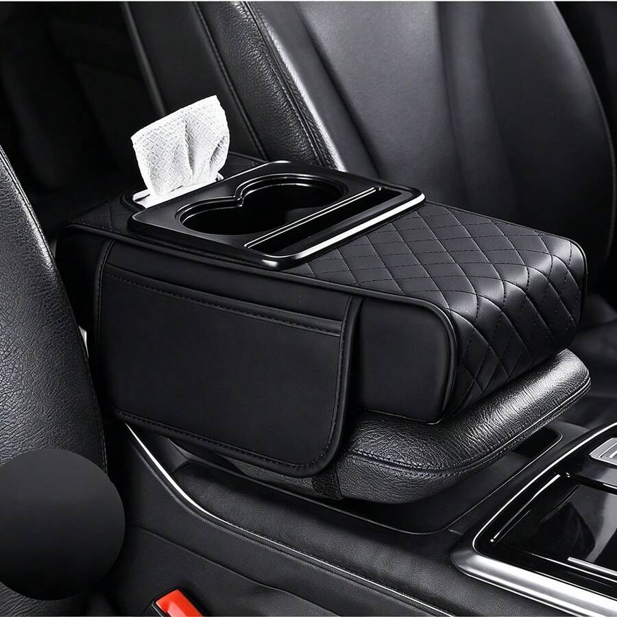 Car Armrest Box Pad With Cup Holder, Quilted PU Leather Car Center Console Armrest Cover, Multi-Functional Car Tissue Storage Box, Auto Seat Gap Organizer, Universal Car Interior Accessories For Most Cars