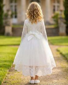 Flower Girl Dress Princess Style Girls White Long Sleeve Lace Pearl Beaded High Low Tulle Gown With Bow Back For Wedding First Communion Birthday Party Pageant Bridesmaid Formal Occasion - trắng - Xem 2