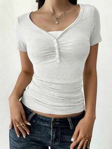 Áo nữ tay ngắn cổ chữ V ôm sát, gợi cảm phong cách Y2K, thích hợp mặc thường ngày. - Hoa trắng xám - Xem 8