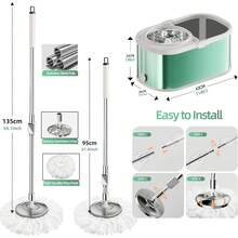 Spin Mop And Bucket With Wringer Set Home, 360 °   Rotating Mop With Separate Clean & Dirty System, Wet Dust Mop Hardwood & Tile Floors With Microfiber Refills (Pink) - Green - View 7