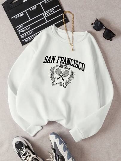 1PCS D325 - Loose And Comfortable Stylish Women'S Clothing For Spring And Autumn, Featuring A "SAN FRANCISCO" Racket And Olive Branch Print,  And Casual, Perfect For Everyday Wear, Vibrant Artistic Round-Neck Sweatshirt - LSR1792026-  Women, Maija, Spring, Y2k