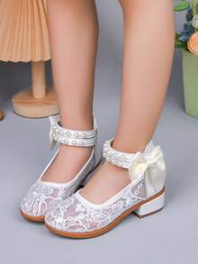 1 Pair Embroidered Mesh Mary Jane Shoes For Girls, Pearl Ankle Strap With Bow Decor, Elegant Versatile For Party & Daily Wear - White - View 6