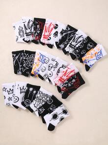 10/12 Pairs Kids Graffiti & Skull Graphic Soft Breathable Sweat-Wicking Streetwear Y2K Style Mid-Calf Crew Socks For Daily/Spring/School - Multicolor - View 4