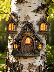 1 Set Wooden Fairy Tale Treehouse 3 Pieces Set, Garden Tree Decor Hanging Ornament, Outdoor Yard Miniature Landscape Accessory - B - View 5