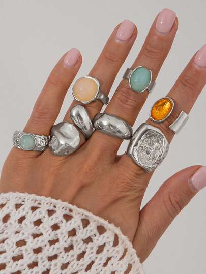 7件套复古时尚几何宝石镶嵌戒指套装，女士厚银金属戒指，适合日常佩戴和派对装饰，送给朋友和成人的珠宝礼品套装（请勿淋浴或用力弯折，尺寸可能略有不同，请谨慎选择）