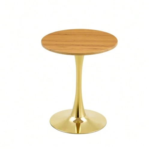 Round Side Table 60cm / Small Dining Table In MDF: Top Made With High Quality Thermoforming Technology, White Grain Appearance, Gold Support Leg – Perfect For European Living Spaces. - Natural Wood - 查看 1