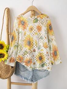 Áo len nữ cổ chữ V in họa tiết khoét lỗ dáng rộng, áo len tay ngắn mùa hè, áo kiểu casual sành điệu cho kỳ nghỉ - Nhiều màu - Xem 2