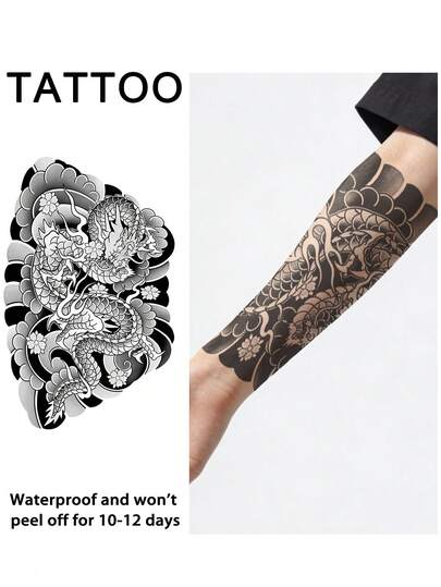 1片装男士纹身贴纸，半永久，龙形图案，日式传统，防水防汗，可持续1-2周，逼真草本汁液效果，防摩擦，不反光，黑色，男女通用，可用于手臂、胸部、腿部、腹部、腰部、手指、颈部、脊柱等部位，现代主义人体艺术