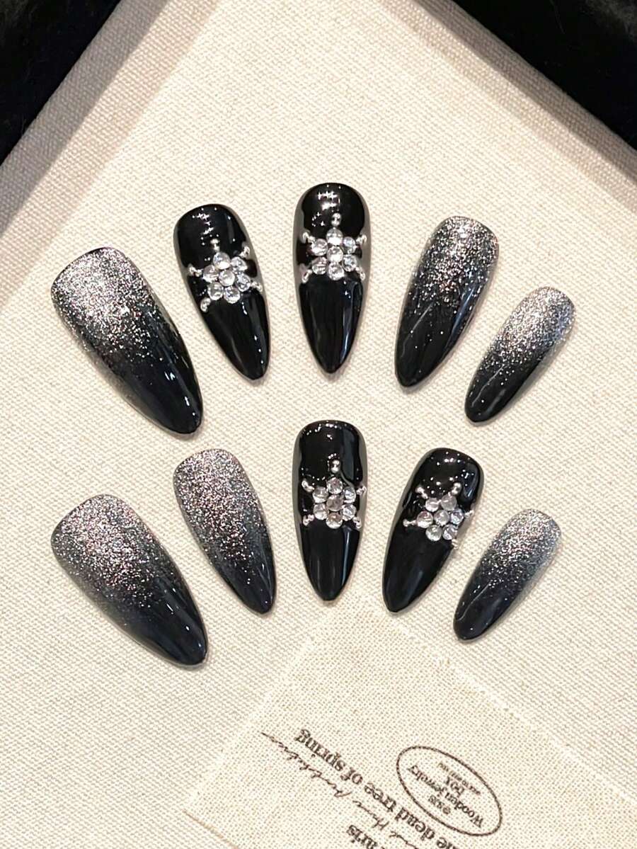 1 Pack/10 Pieces - Cool Starburst Pointed Nail Patch - Black Sparkling Gradient+Metal Adorned Gemstones - Handmade