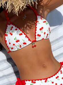 一套女士比基尼两件式泳衣，撞色花卉饰边樱桃印花挂脖系带时尚沙滩度假装 白色 - 白色 - 查看 4