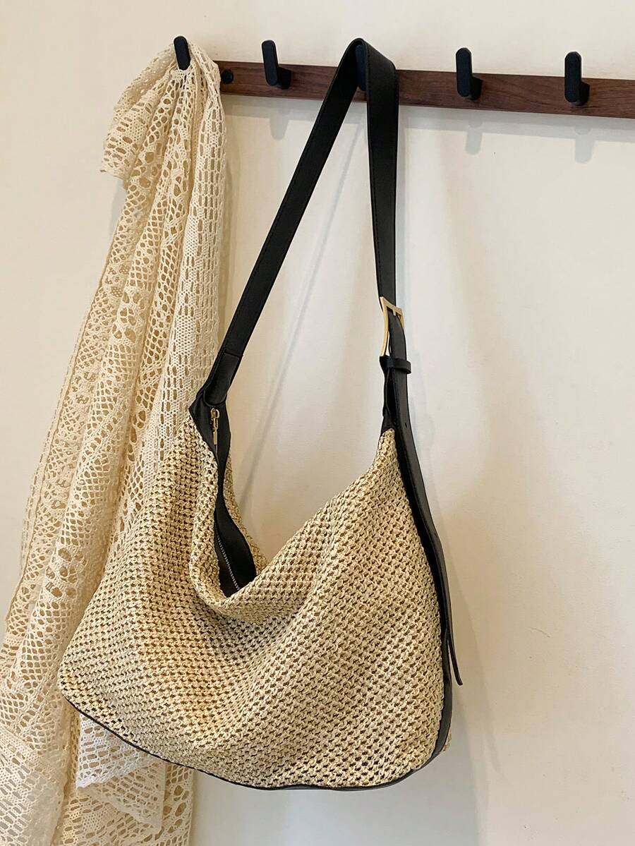 New Woven Beach Bag, Women Simple Shoulder Bag - Black - View 1