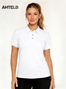 AHTELB 女士夏季纯色休闲短袖上衣，商务高端奢华 Polo 衫，轻盈透气网眼领短袖 T 恤，时尚纽扣领设计，适合户外休闲、娱乐和运动穿着，女士 Polo 衫，女士高尔夫服，Polo 衫，女士健身服，女士运动服，女士健身服，酒吧高尔夫服，送给朋友、妻子和女友的礼物 - 白色 - 查看 2