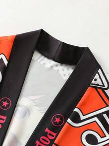 Anime-Inspired 7/8 Sleeve Kimono Robe, Red & White Musical Note Print, Loose Fit Lightweight Cardigan Jacket - Coral Orange - View 5