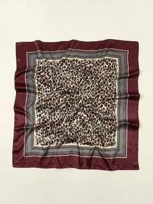 1pc Women's 90CM Fashion Scarf With Leopard Print, Satin Square Bandana Headscarf, Spring/Summer - 酒紅色 - 查看 2