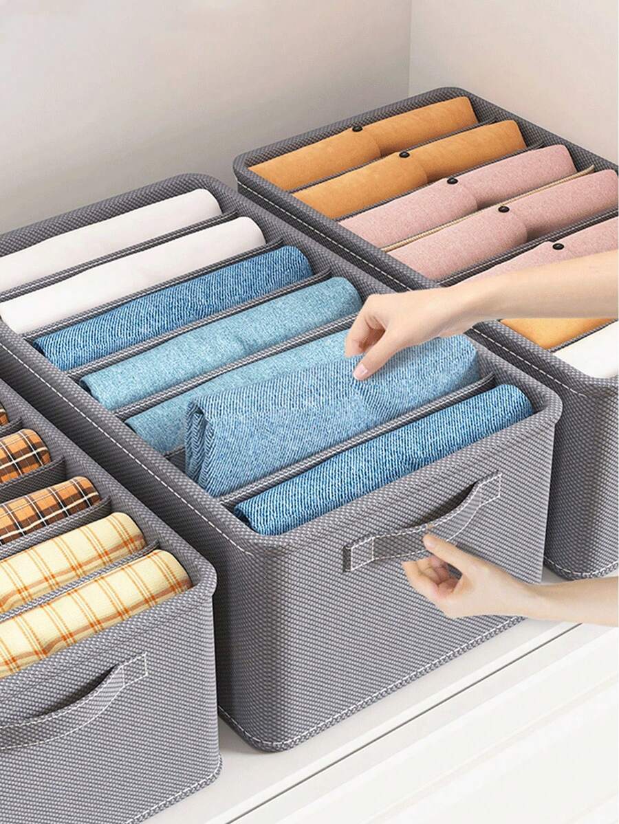 1pc Grey Fabric Foldable Clothes Storage Box, 7 Compartments Wardrobe Organizer, Durable Non-Woven Drawer Divider For Jeans, Pants, Socks, Underwear, Space-Saving Storage Container