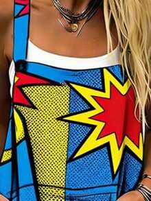 Pop Art Burst Pattern All-Over Print Women's Adjustable Strap Jumpsuit, Polyester Fiber Fabric, Lightweight And Breathable, Women's Clothing, Standard Size Jumpsuit, Plus Size Women's Clothing, Plus Size Jumpsuit And Romper, Plus Size Jumpsuit - 彩色 - 查看 3