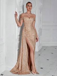 Women's 2026 Sequin Tulle Off Shoulder Floor Length Formal Evening Gown, Elegant Dress For Wedding Guest, Prom & Party - 香檳色 - 查看 7