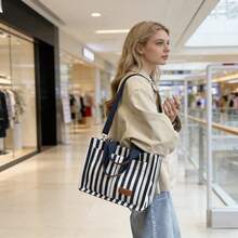 复古条纹大容量帆布手提包，轻便时尚手提包/单肩包 - 藍色 - 查看 6