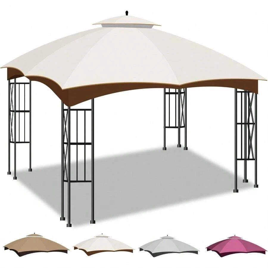 10x12 Canopy Replacement Top, Double Tiered Gazebo Cover With Air Vent Heavy Duty, Waterproof Gazebo Roof With Upgraded 300D Polyester For Outdoor Patio Garden Canopy, Beige - 圓頂 + 米色 - 查看 1