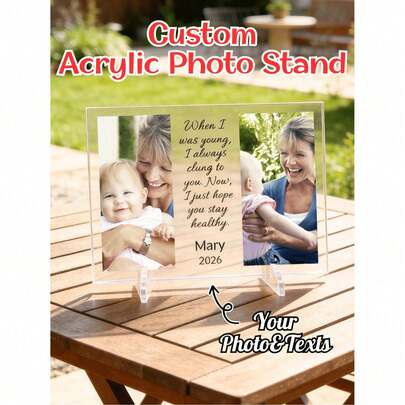 Personalized Acrylic Photo Plaque With Custom Text, Clear Acrylic Picture Stand Desk Decor, Unique Gift For Mom Dad Grandma, Birthday Mother's Day Father's Day Christmas Keepsake, Sentimental Mom Gift From Daughter Son, Mother's Day Birthday Keepsake Desk Decor