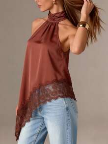 Women's Sleeveless High Collar Lace Trim Asymmetric Satin Camisole Top, Elegant For Evening Party, Spring/Summer Vacation, Special Occasions - Rust Brown - View 7