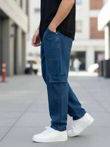 Men's Dark Denim Cargo Pants With Drawstring Waist And Slight Stretch, Unisex Long, Loose-Fitting Casual Streetwear Skate Pants. - 深色牛仔褲 - 查看 3