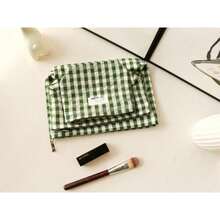 Nylon Checker Makeup Bag Set 3 with Compartment Cosmetic Toiletry Travel PouchPurse Accessory Organizer 3-Size Beige Green Plaid Canvas Lined - Juego de 3 compartimentos con cuadros verdes y beige - Ver 6