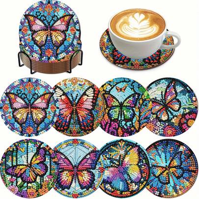 8pcs Diamond Painting Coaster Set - Butterfly Design, Round & Bright Diamond Surface, Sturdy Adhesive, Full Tool Kit, Easy For Beginners, Stress Relief Handcraft, New Year, Valentine's Day, Christmas, Teacher's Day Gift, Home Decor Coasters For Family, Friends, Girlfriend, Teacher