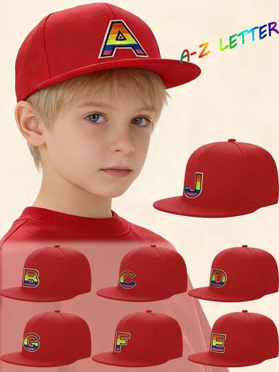 Mũ lưỡi trai trẻ em độc đáo, thêu chữ cái cầu vồng từ A đến Z, màu đỏ, kiểu dáng thời trang, thích hợp cho các chuyến đi chơi ngoài trời, bắt mắt và đa năng.