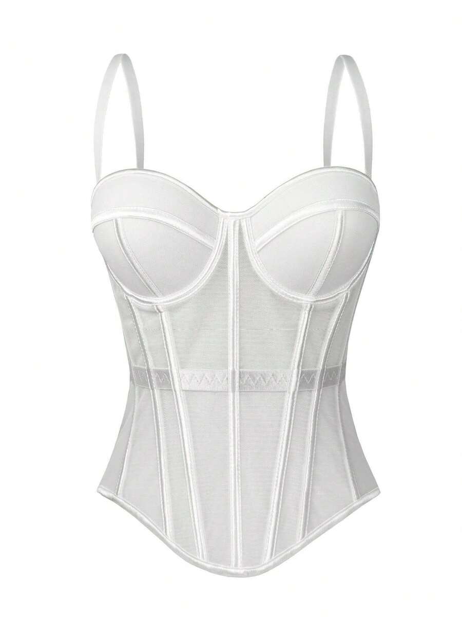 1PC Sexy Tight-Fitting Mature Lady Style Solid Color Fashion Fishbone Corset Slimming Mesh Camisole With Chest Pads For Outerwear - 咖色 - 查看 1