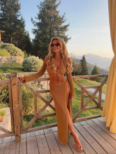 Women's New Spring/Summer Sexy Two Pieces Set, Featuring A Cropped Deep V-Neck Long Sleeve Top With Hollow-Out Metal Buckle Decor, Paired With A Low-Waist Side High Slit Skirt. Elegant Y2K Style Suitable For Beach Vacation, Beach Party, Music Festival, Outing, And Dating