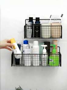 1/2pcs Black Bathroom Shelf, Adhesive Shower Storage Rack, Kitchen & Bathroom Organizer Basket, Wall Mounted Organizer Rack Without Drilling - No Drilling Required - View 5