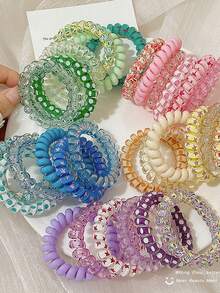 30/18/6pcs Random Color Elastic Headbands - Fun Pattern Design Hair Accessories, Telephone Cord Headbands, Acrylic Seamless Elastic Headbands For Ponytails - Multicolor - View 6