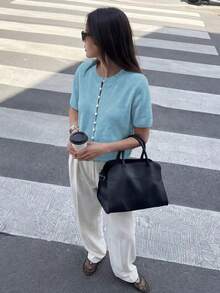 Round Neck Solid Color Pearl Button Short Sleeve Casual Versatile Knit Cardigan, Loose Fit, Suitable For Daily Wear Spring - Pastel Blue - View 6