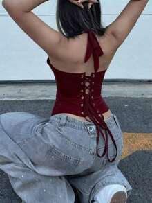 Satin Bustier Crop Top, Front Hook & Rear Tie-Up Backless Design, With Underwire For Waist Shaping, Suitable For Women To Wear At Music Festivals Summer - Màu Đỏ Sâu - Xem 3