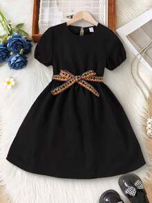 Girls' Casual Fashionable Waist Cinched Cute Sweet Dress, Spring/Summer - Black - View 1