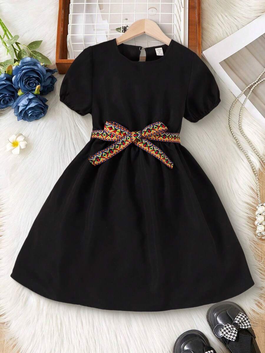 Girls' Casual Fashionable Waist Cinched Cute Sweet Dress, Spring/Summer - Black - View 1