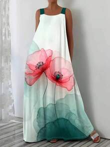 Đầm midi hai dây in hoa thời trang, cỡ lớn, thanh lịch cho kỳ nghỉ hè. - màu xanh lá - Xem 1