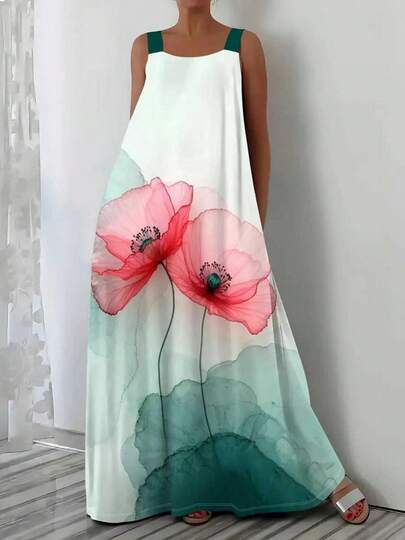 Fashionable Floral Print Spaghetti Strap Vacation Midi Dress Plus Size Elegant Summer