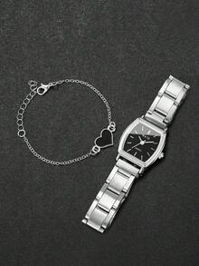 2件套 女士不锈钢方形简约数字表盘石英腕表+手链 - 銀色 - 查看 4